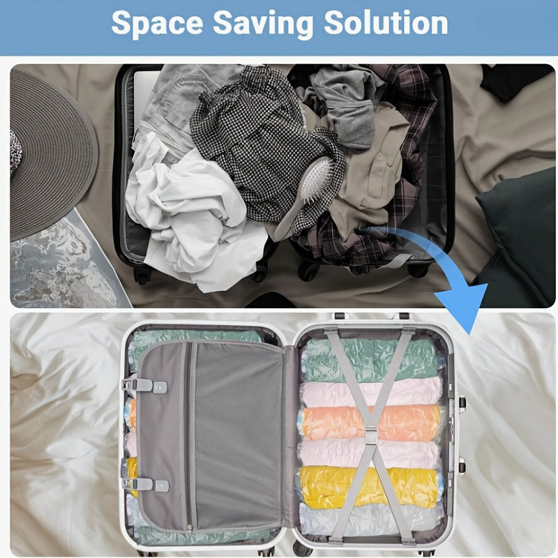 Pack of 7 Compression Bags - Save Space without the Need for a Vacuum or Pump! Easy-to-use Hand Roll Storage Bags for Travel Enthusiasts. Ideal for storing both dry and wet items compactly. Travel with ease and confidence!