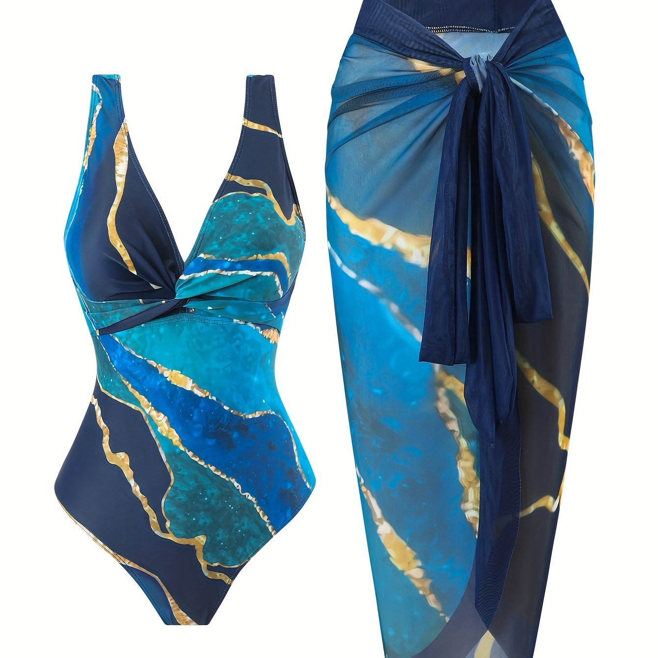 Elegant 2-piece Marble Print Swimsuit Set with V-Neck One-Piece and Cover Up Sarong Skirt for Women.