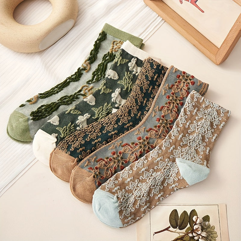 5 pairs of cute floral print mid-tube socks for women