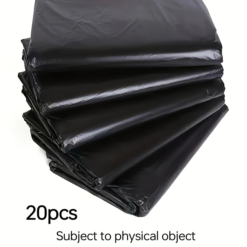 20 pieces of heavy-duty black trash bags made of puncture and tear-resistant polyethylene material. These multi-purpose bags are perfect for use in the garden, home, or commercial settings. Ideal for disposing of yard waste, they can be used in the