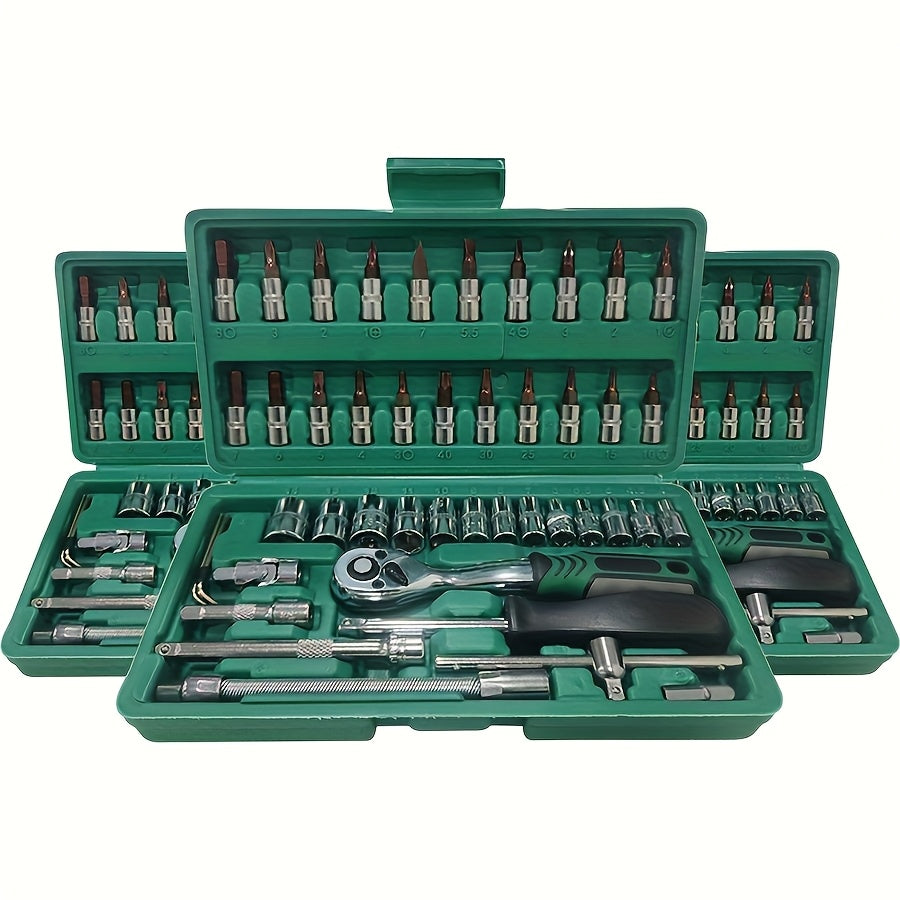 46-piece professional wheel tool set for advanced car repair, made of chrome vanadium steel. Includes quick wheel nut wrench, torque wrench, screwdriver, and portable green toolbox. Ideal