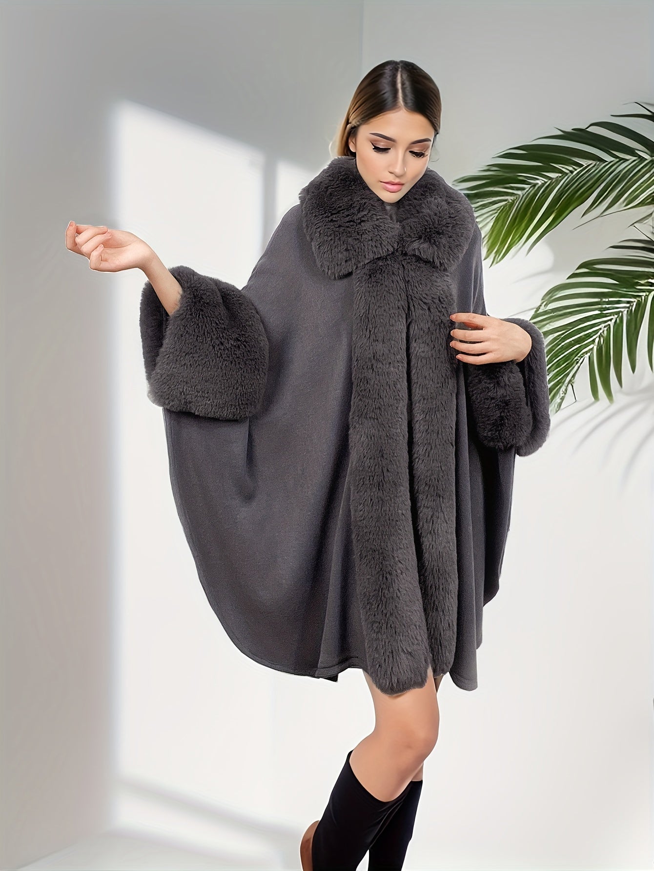 Women's Plus Size Fuzzy Trim Open Front Coat with Casual Collared Long Sleeve Cape Outerwear for Fall & Winter