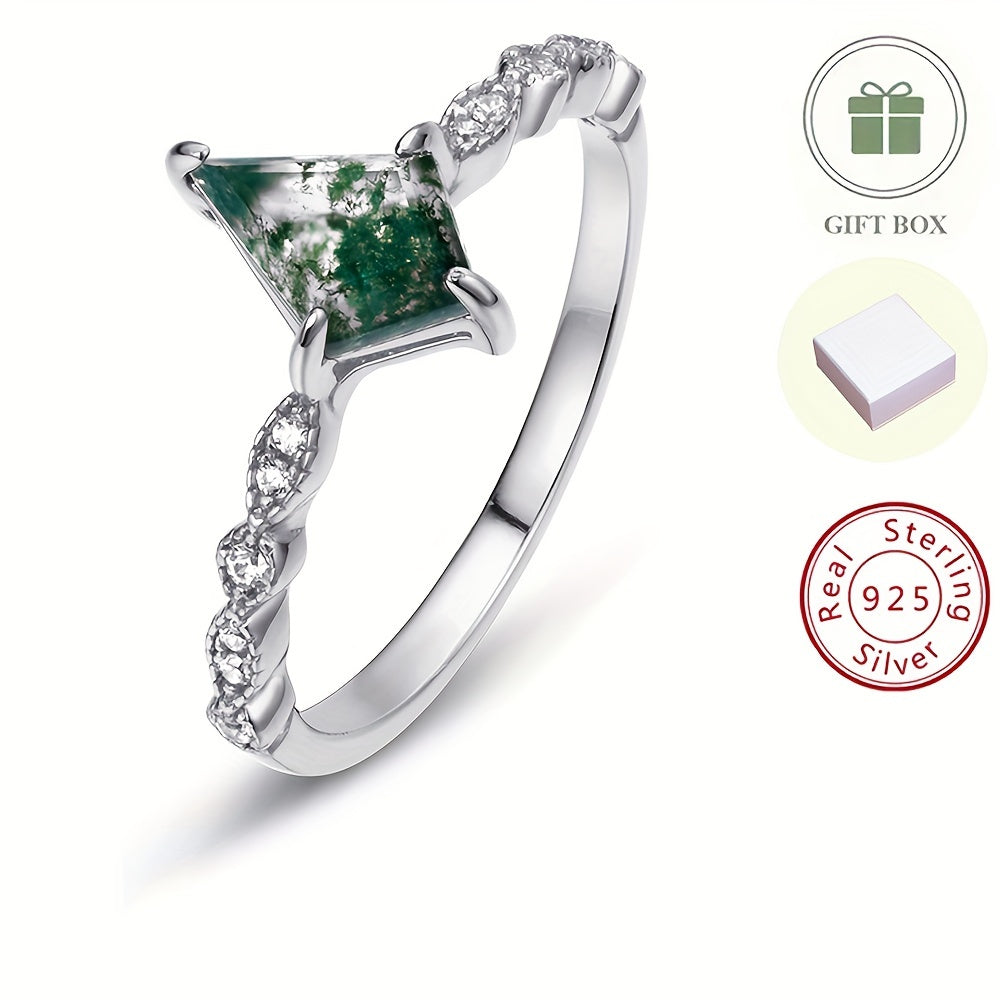 925 Silver Ring with Green Moss Agate Stone for Women, featuring a 6*9mm stone with Water Grass Agate. This European and American light luxury finger ring is gold-plated and weighs 1.49g.