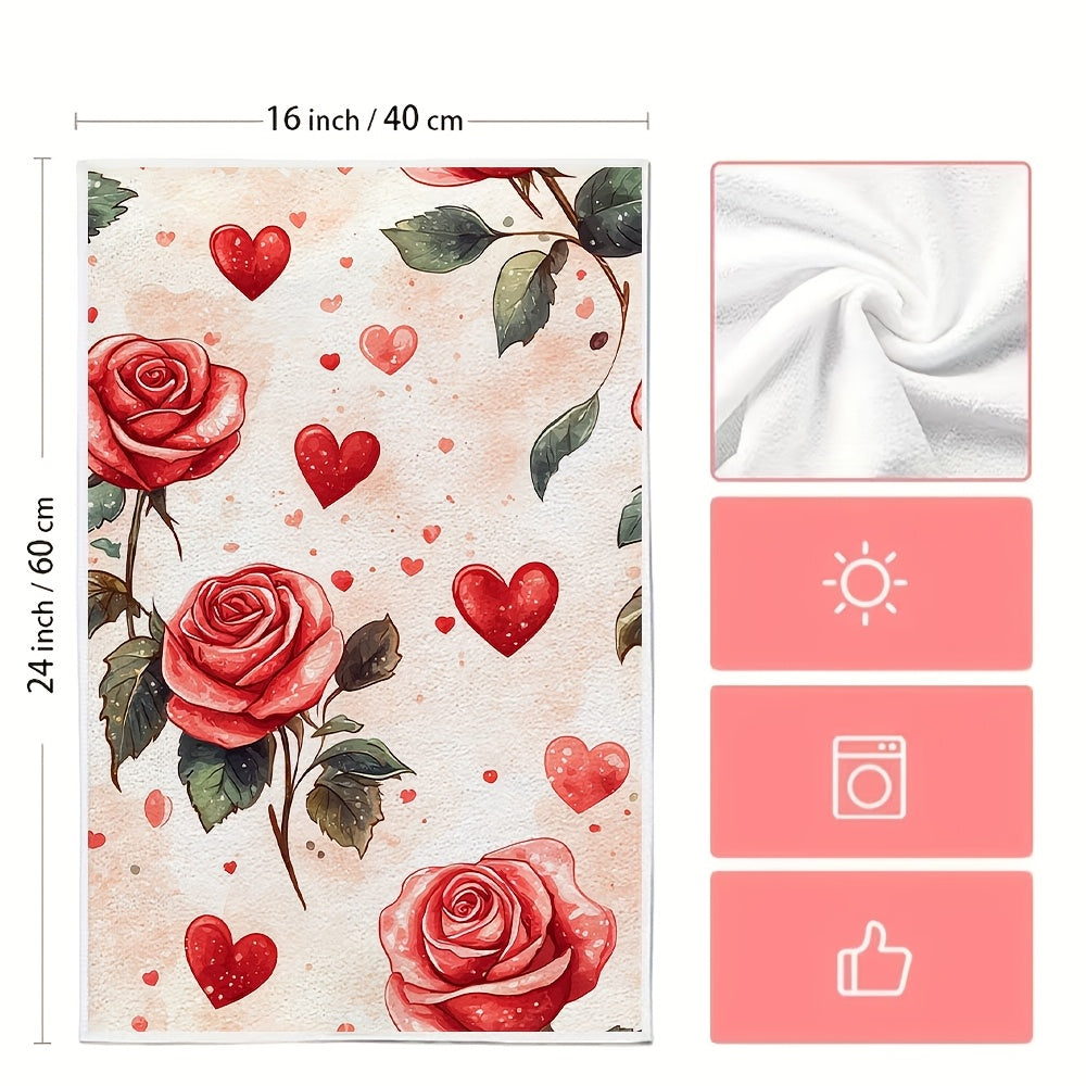 This set includes 2 ultra-soft kitchen towels with a delicate design of roses and hearts, perfect for Valentine's Day. These highly absorbent dish towels are ideal for holiday decoration, machine washable, and measure 40.64x60.96 cm.