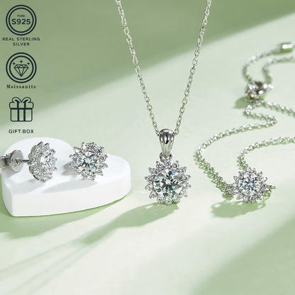 Set of 4 Stunning Moissanite Jewelry Pieces in 925 Sterling Silver Plating, Featuring Hypoallergenic Sunflower Necklace, Earrings, and Bracelet. Ideal for Weddings or Gifts, Suitable for Thanksgiving Day. Comes with Gift Box Included.