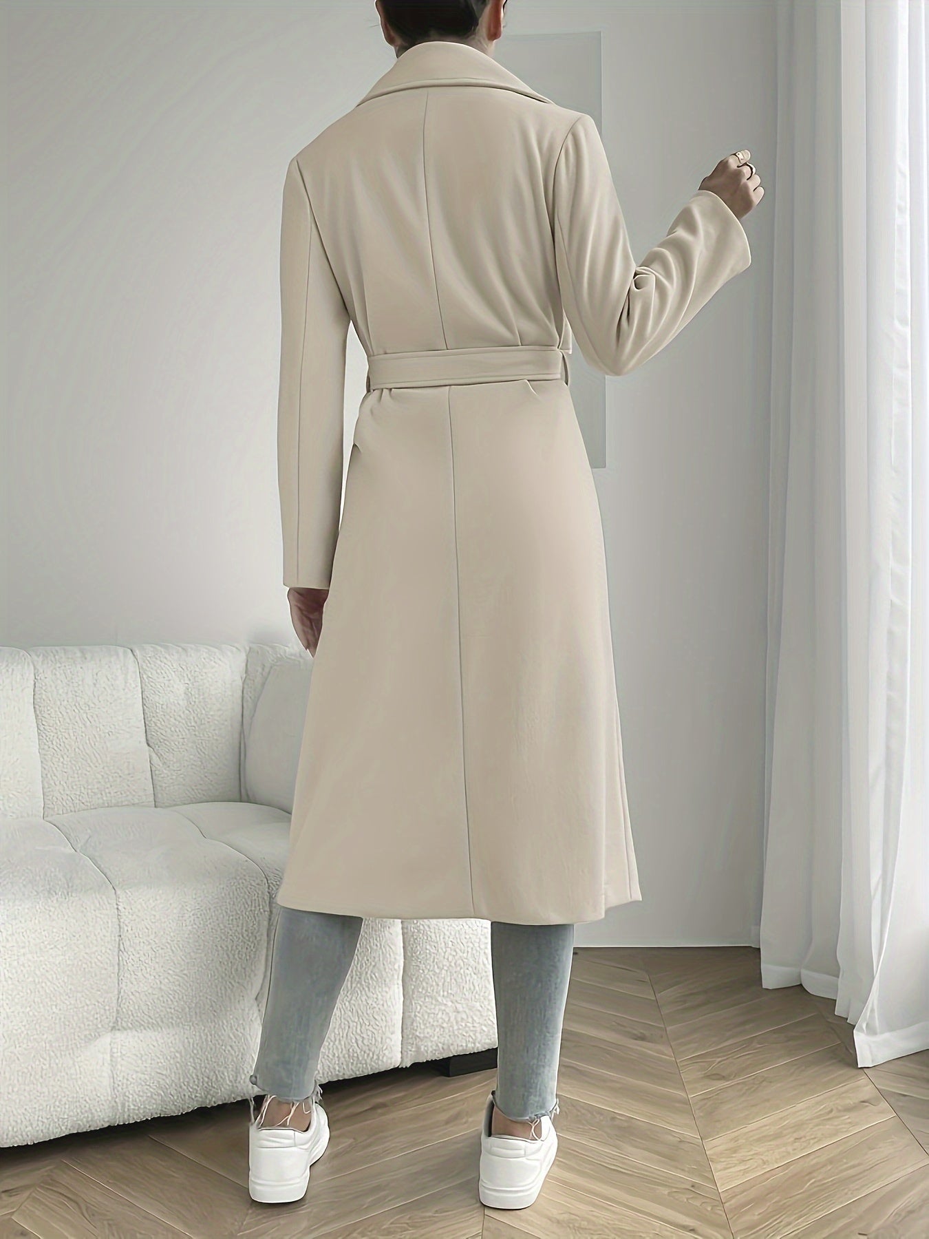 Solid color belted overcoat, stylish collar, long sleeves, mid-length for fall & winter, women's outerwear.