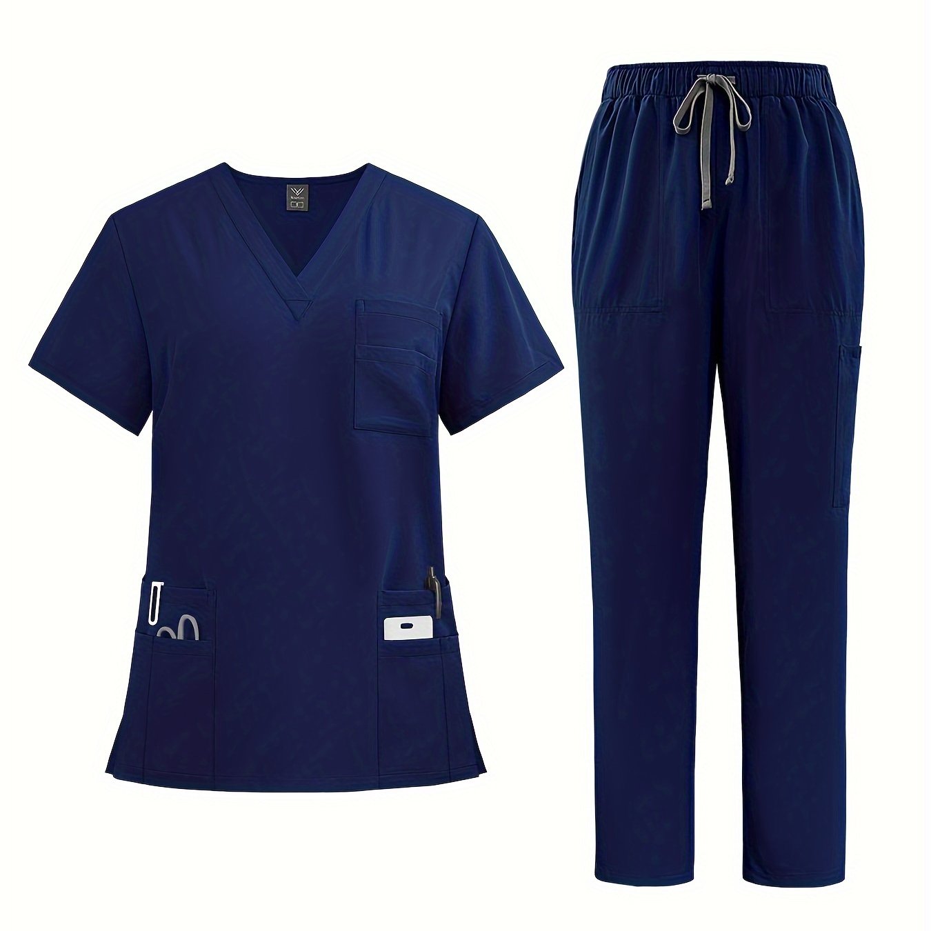 Premium polyester spandex scrubs set with V-neck shirt and straight-leg pants for nurses and surgeons.