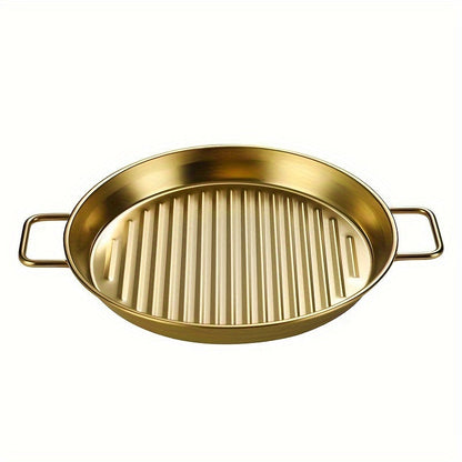 1 set of 3 pieces of round striped stainless steel rose golden baking pans, with sizes measuring 16.51cm, 19.05cm, and 21.59cm. These pans come with double handles and are suitable for both home and commercial use. Featuring a striped design, these