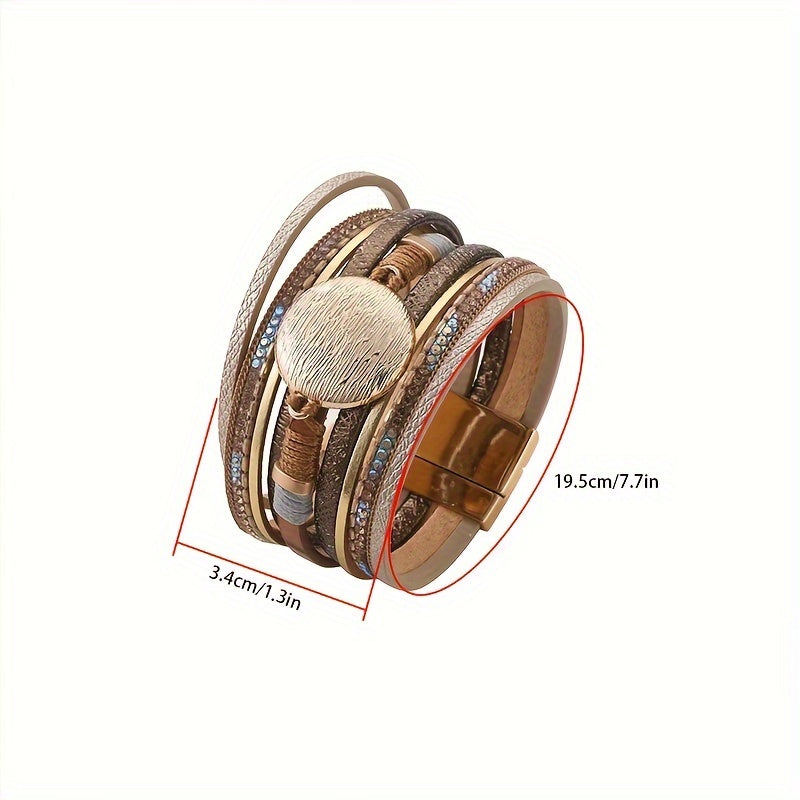 In daily life and on holidays, accessorize with a vintage Bohemian style multi-layered PU leather bracelet featuring a magnetic buckle.