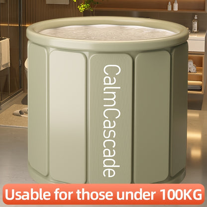 Foldable bathtub with drainage, hot & cold water, spill-proof design for home bathrooms.