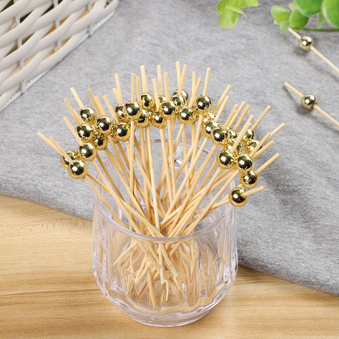 100 Golden Beads Cocktail Picks, Handmade Bamboo Skewers for Appetizers and Fruit Parties.