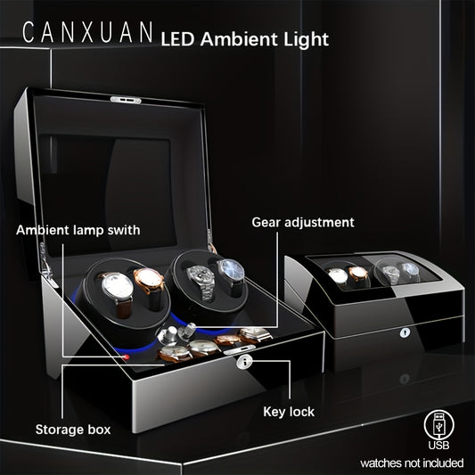 1 шт. автоматическая коробка для часов CANXUAN с 4+6 слотами, тихие моторы, ключевой замок, светодиодная подсветка, мягкая подушка, искусственная кожа, работа от USB, подходит для мужских и женских часов, батарея не входит в комплект.