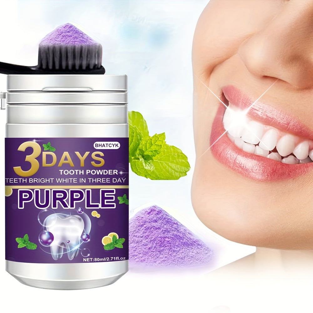 BHATCYK 3-Day Purple Teeth Whitening Powder fresh mint flavor 80ml/2.71oz for a brighter smile, daily use and travel.