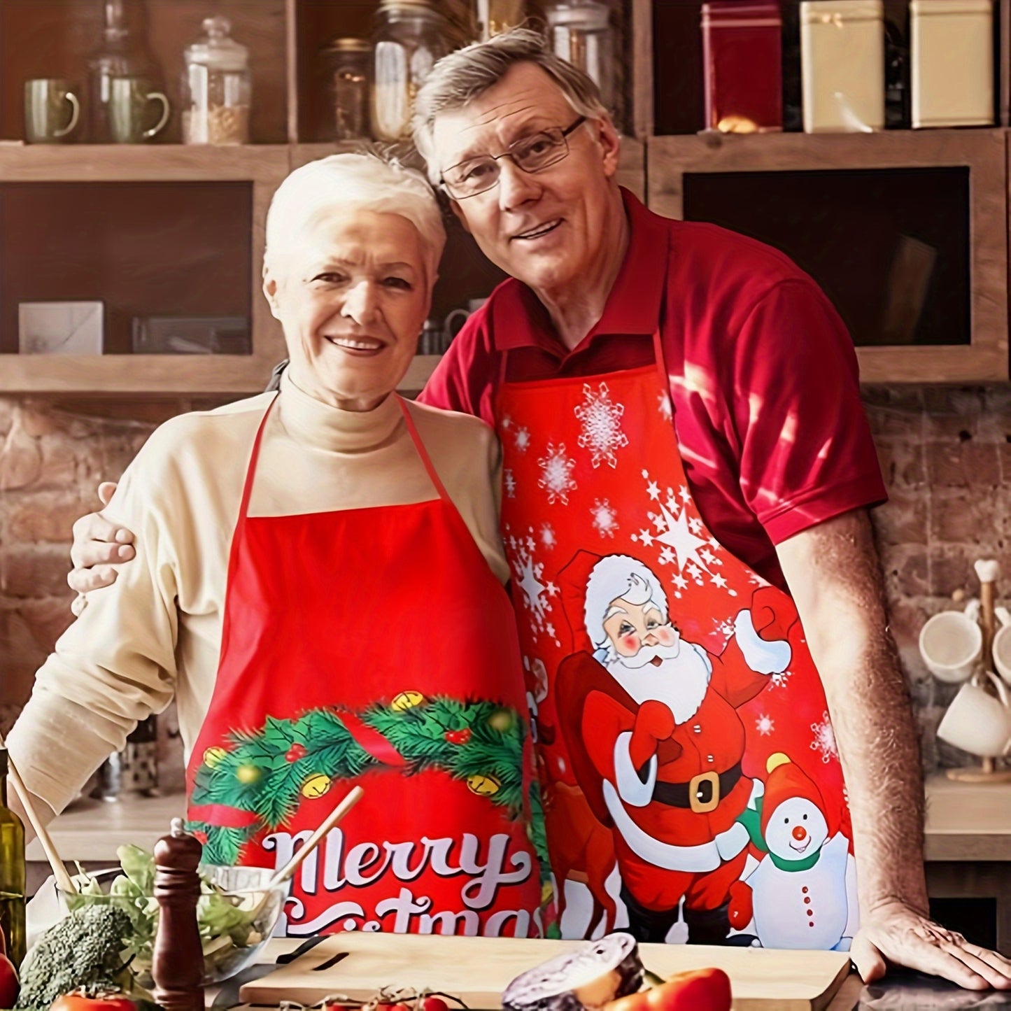 Christmas Santa apron featuring red polyester with holiday designs like snowflakes and reindeer, perfect for cooking, baking, and party decor – easy to care for.