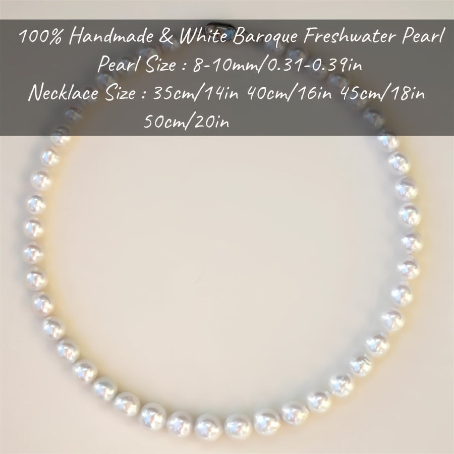 Artisan-made White Baroque Pearl Necklace - Exquisite 8-10mm Freshwater Pearls with Elegant Silver Clasp, Ideal Present for Any Event, Comes in a Luxurious Gift Box, Organic, Uneven Shape, Versatile Jewelry