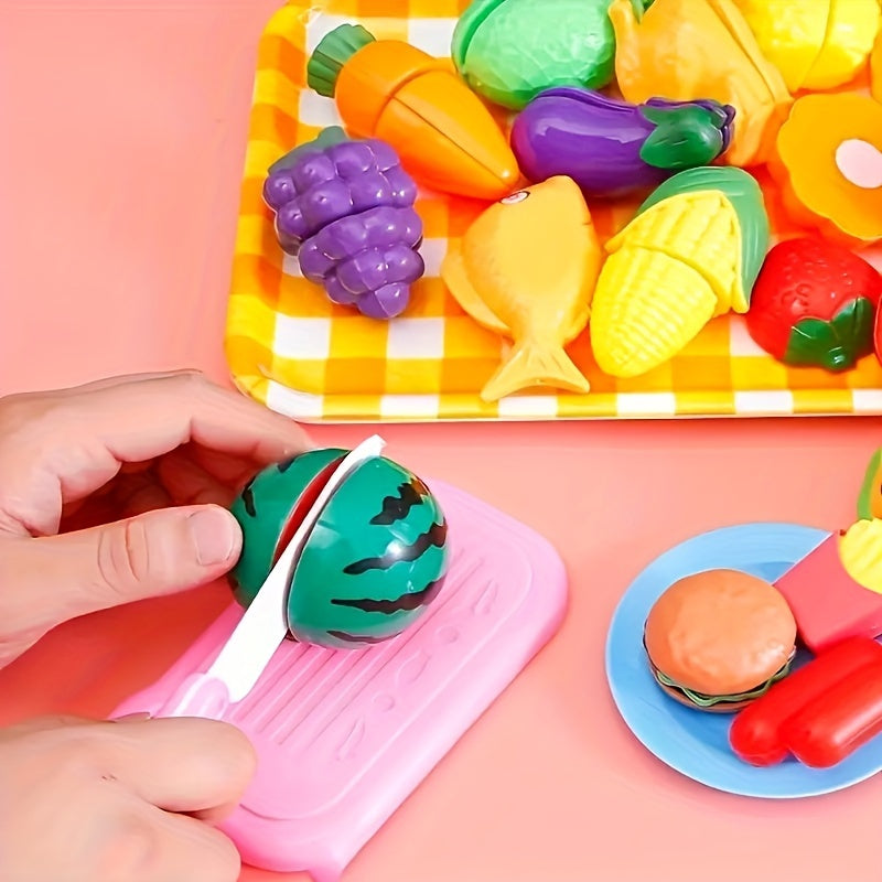 Reusable kitchen toys set includes 9 or 24 pieces of fruit and vegetable cutting toys made of plastic.