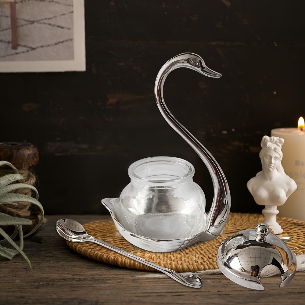 1 piece Swan Glass Condiment Jar with Spoon, Kitchen Storage Container, Sugar Bowl, Seasoning Pot, Home Decor, Wedding and Mother's Day Gift, Kitchen Accessories.