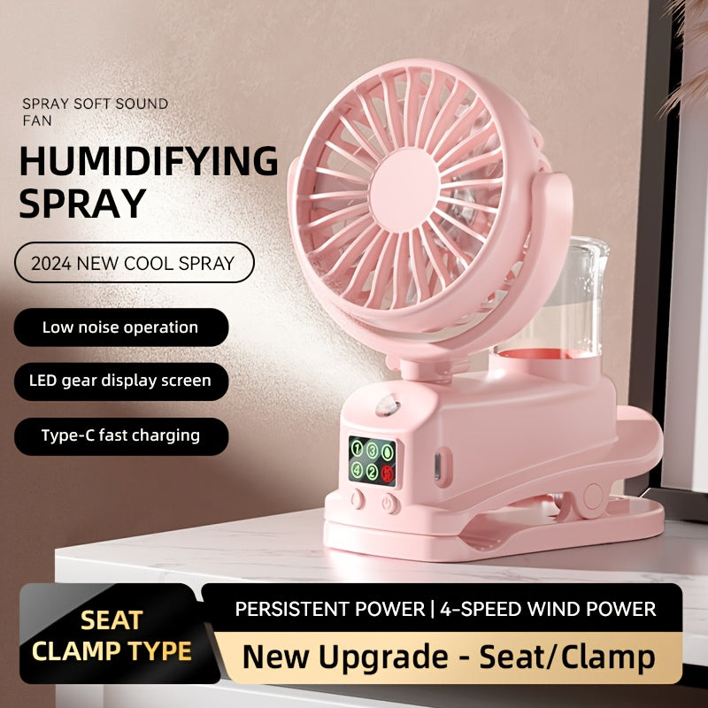 Introducing a convenient 2-in-1 USB fan and humidifier! This portable desktop fan offers 4 adjustable wind speeds and 2 humidity levels for customizable comfort. Operating silently at 360°, it keeps you cool and comfortable round the clock. Perfect for