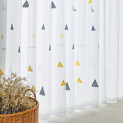 Modern geometric triangle sheer curtains in white polyester with an arts & crafts theme, suitable for girls room, living room, or bedroom. Machine washable, unlined, and featuring a decorative rod pocket embroidered panel.