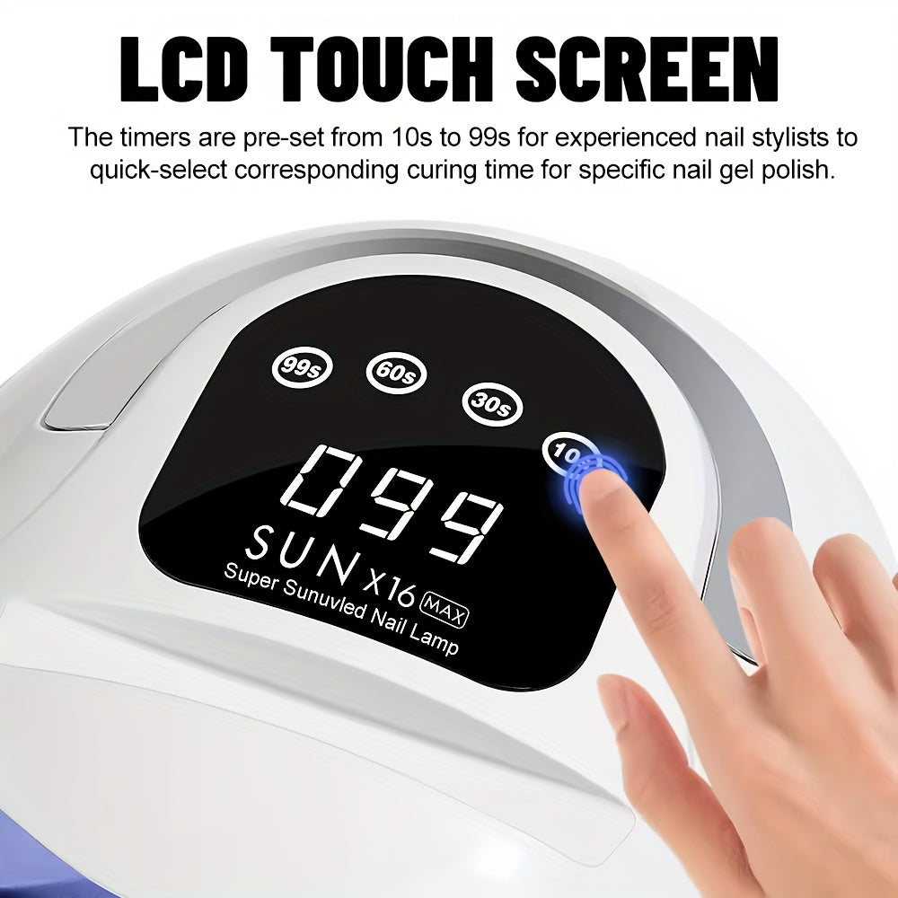 SUNX16MAX UV LED Nail Lamp, 72W High Power with 4 Timer Settings, LCD Display, Quick-Drying for Gel Polishes, European Plug.