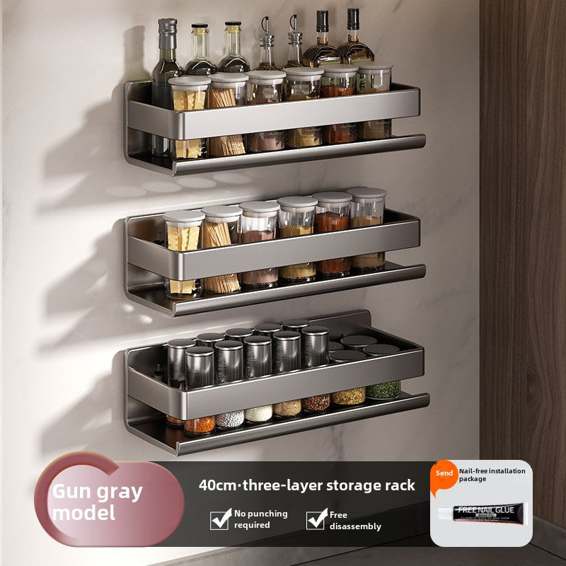 Wall-mounted spice rack made of stainless steel. Can also be used for storing condiments. No need for punching holes or using nails. Can hold up to 15kg. Perfect for the kitchen and dining area. Comes with spice containers.