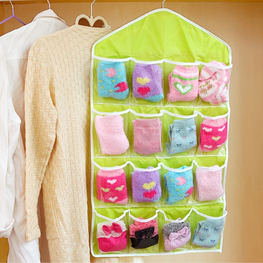 Set of 3 hanging storage bags with 16 pockets for socks, underwear, and accessories. Space-saving wardrobe organizers for home organization.