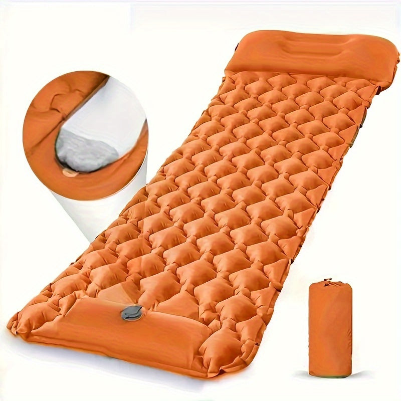 Portable inflatable camping air mattress with foot pump, durable TPU material; includes repair kit and carrying bag. Ideal for outdoor travel and picnics.