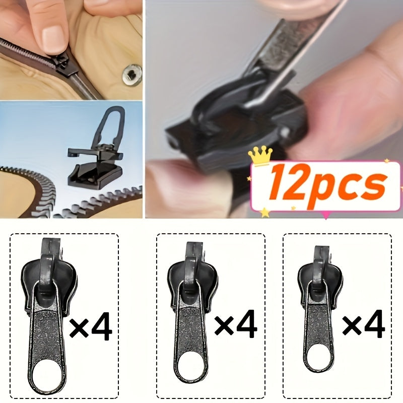 12-piece Zipper Pull Replacement Kit, ideal for jackets, boots, backpacks, and luggage.Easy to install and portable for emergencies. Black sewing and knitting accessories included.