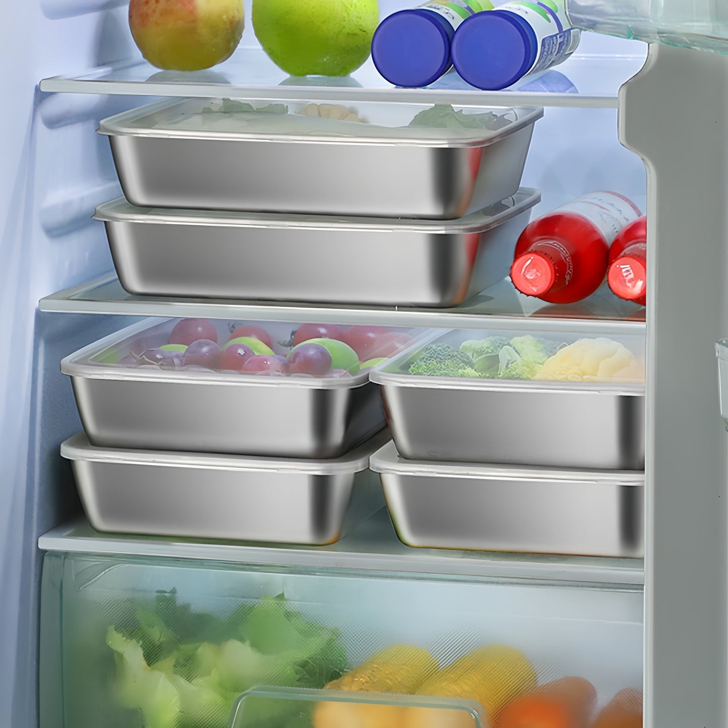 Set of 5 Stainless Steel Food Storage Containers with Sealed Lids, Stackable Design, Microwave and Freezer Safe, Square Shape for Salad, Fruits, and Meal Prep, Ideal for Kitchen Organization and Refrigerator Freshness.