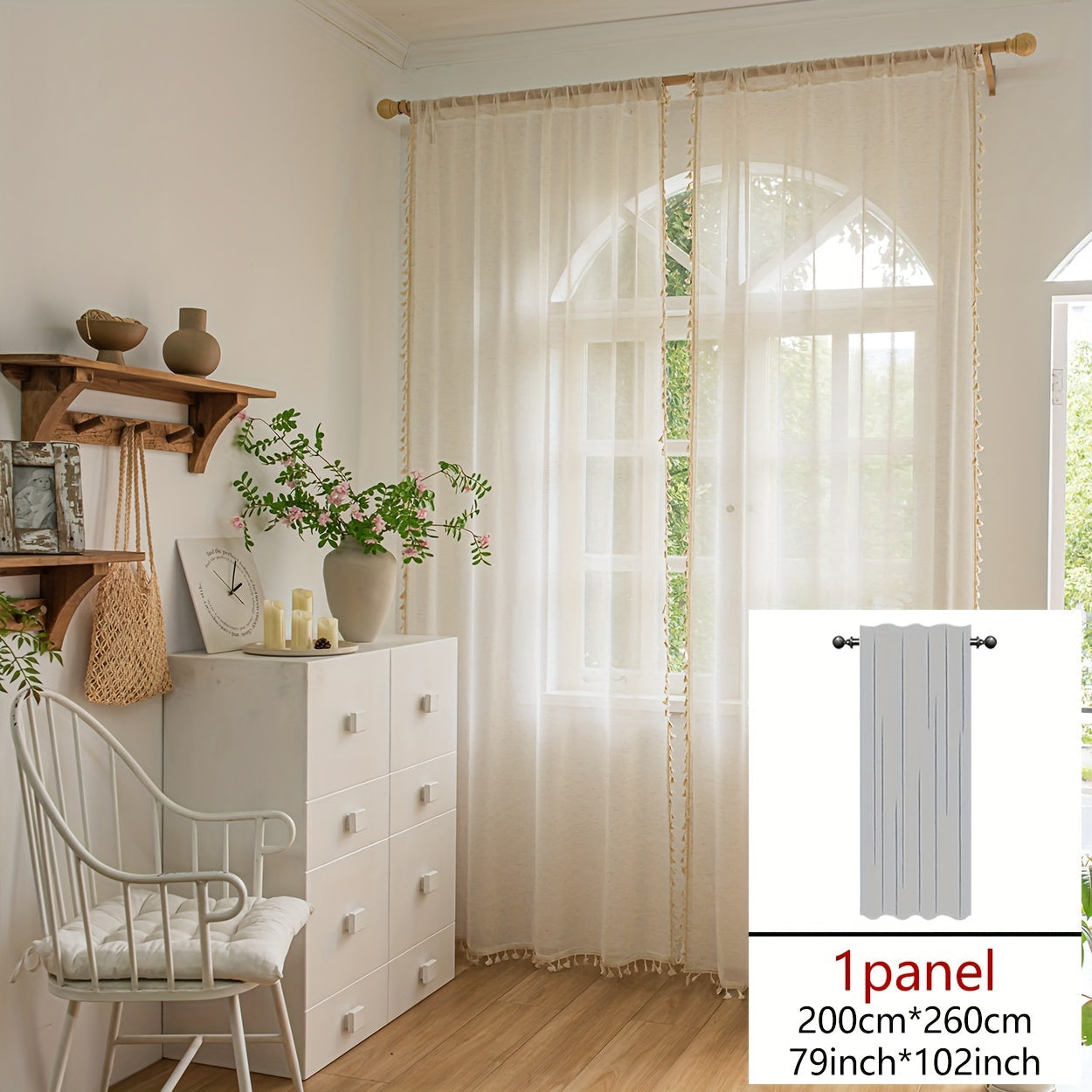 Single Bohemian Lace Curtain with Rod Design, Crafted from Solid Color Linen for Both Light and Privacy, Comes in Natural Wood Color, Sold Individually.