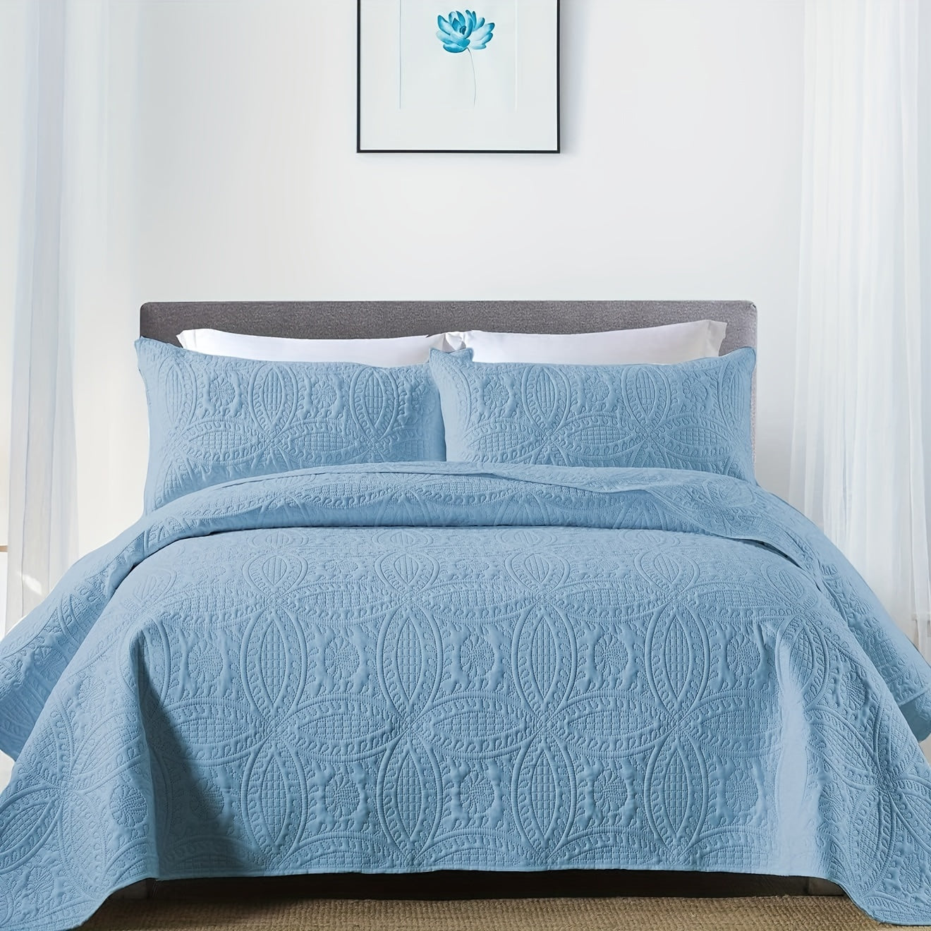 Comfortable and airy three-piece bedspread set featuring Soundwave technology and embossed circles design. Set includes one bedspread and two pillowcases, ideal for adding a touch of summer comfort to your bedroom or dorm decor. The perfect addition to