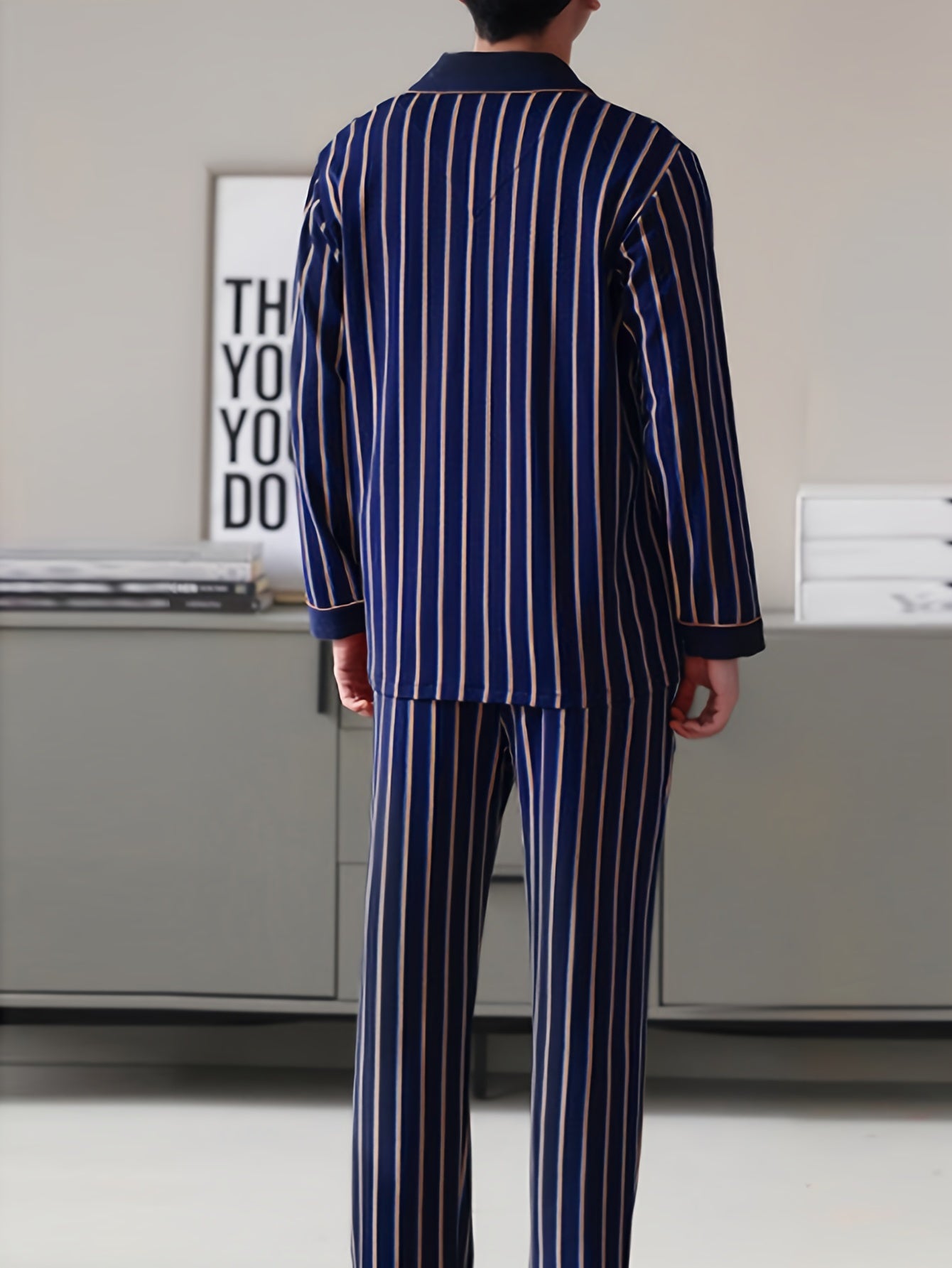 Men's long sleeve pajama set by QIANNIANMA, striped, made of polyester and elastane blend, machine washable, with pockets. Suitable for spring/autumn sleepwear and home wear. Features brand