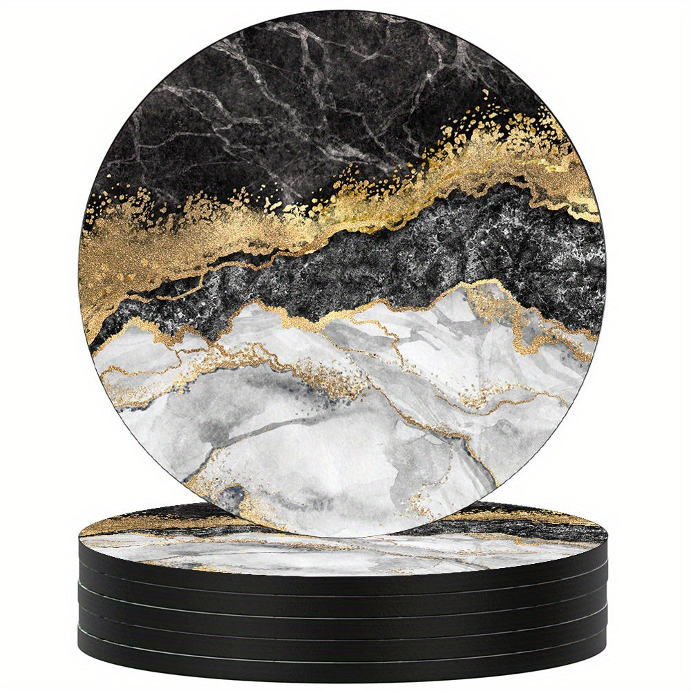 6 luxury golden marbling coasters with absorbent rubber and non-slip backing, perfect for home decor or as a housewarming gift. 10.16cm round.