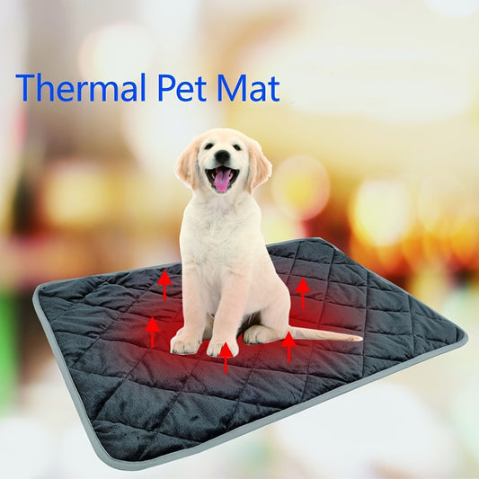 Self-warming pet mat for dogs and cats, with diamond pattern and anti-slip features, suitable for small to large breeds. Ideal for indoor/outdoor use in autumn and winter, washable.