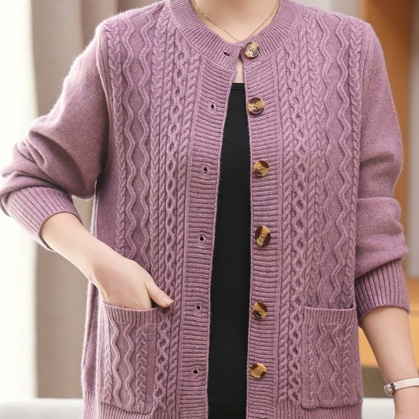 Women's cozy cable knit cardigan with button front, pocket, and long sleeves - perfect for all seasons