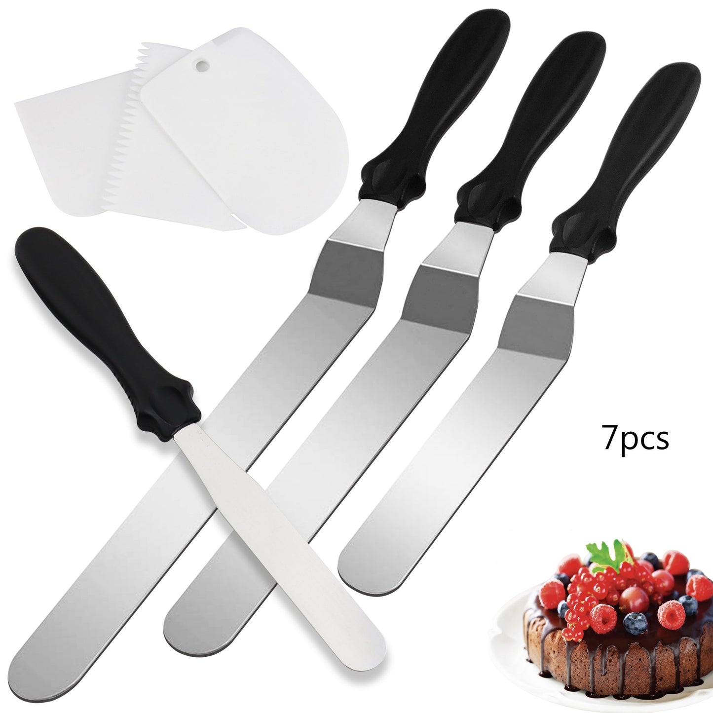 Cake Scraper Set of 7 Pieces made of Stainless Steel, Includes Metal Cake Smoothers, Versatile Baking and Spatula Tools in Sizes 10.16/15.24/20.32/25.4 cm, High-Quality Kitchen Decorating Accessories