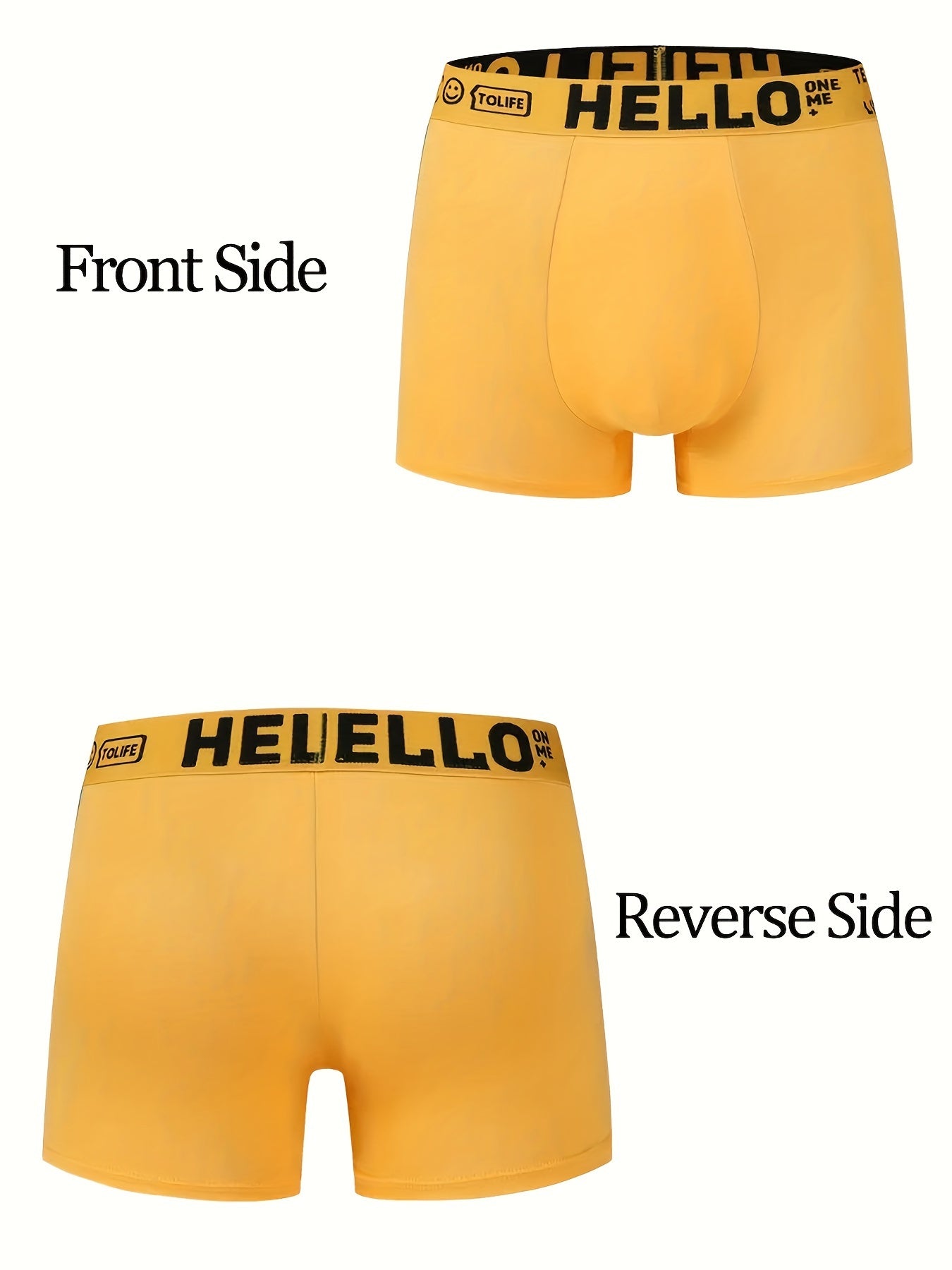 Men's 5-pack polyester boxer briefs with medium stretch and breathable comfort, featuring "HELLO" print and quick-dry technology.