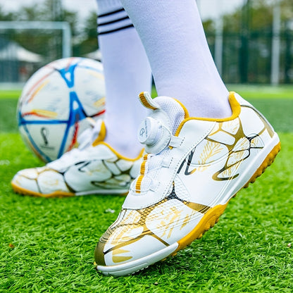 White & Golden Soccer Cleats for Youngsters with Rubber Sole, Durable PVC, Anti-Slip, Comfortable Fabric Lining & Lace-Up Closure.