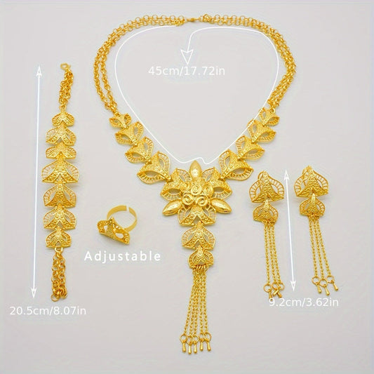 Top Pick: Luxury Indian-Inspired Golden Tassel Jewelry Set - Includes Alloy Necklace, Earrings, and Ring. Perfect for Traditional Middle Eastern and African Dubai Weddings or Daily Wear. Versatile and Elegant Golden Accessories.