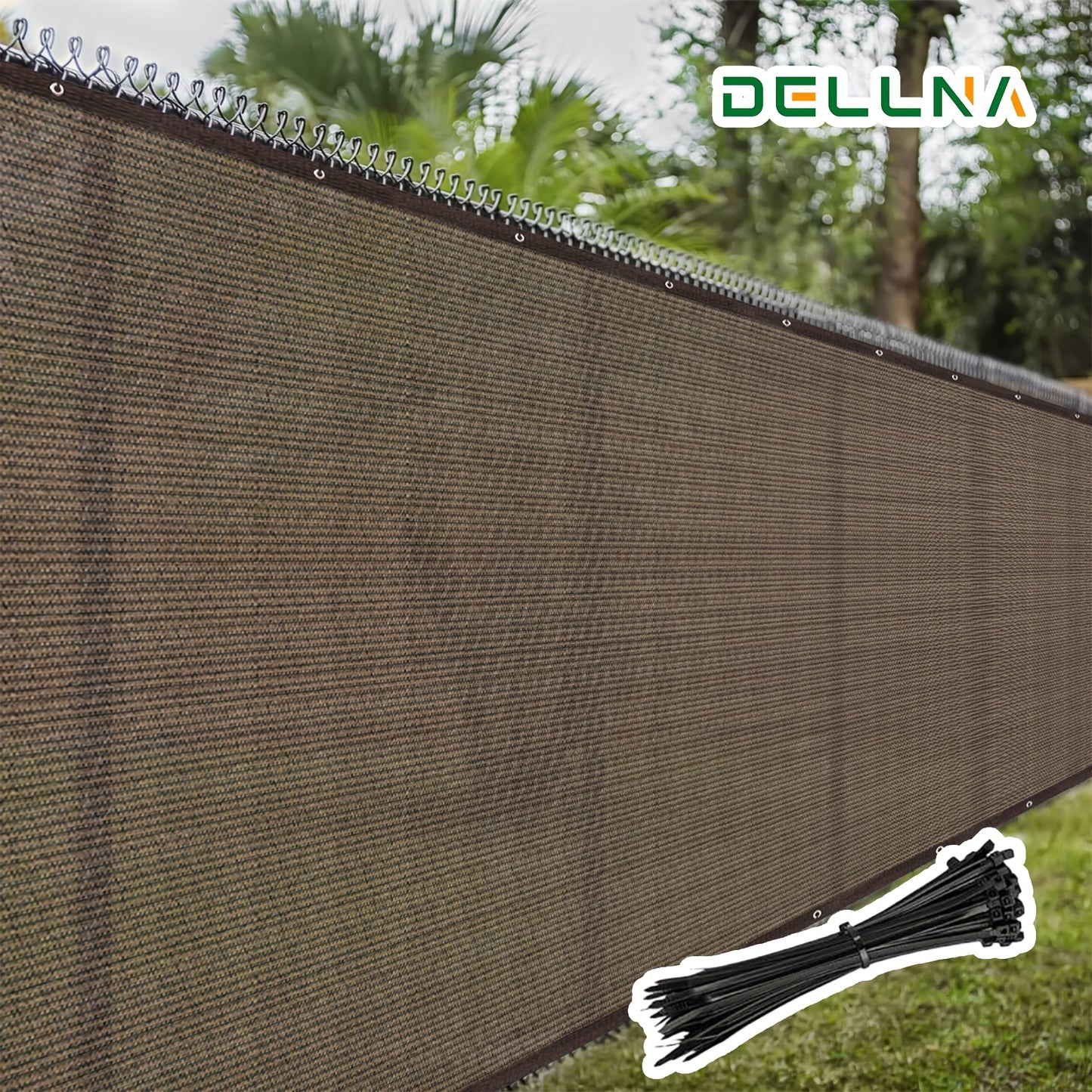 DELLNA Heavy-Duty Privacy Screen Fence with 90% UV Protection, Brown Nylon Cover with Ties for Outdoor Spaces.