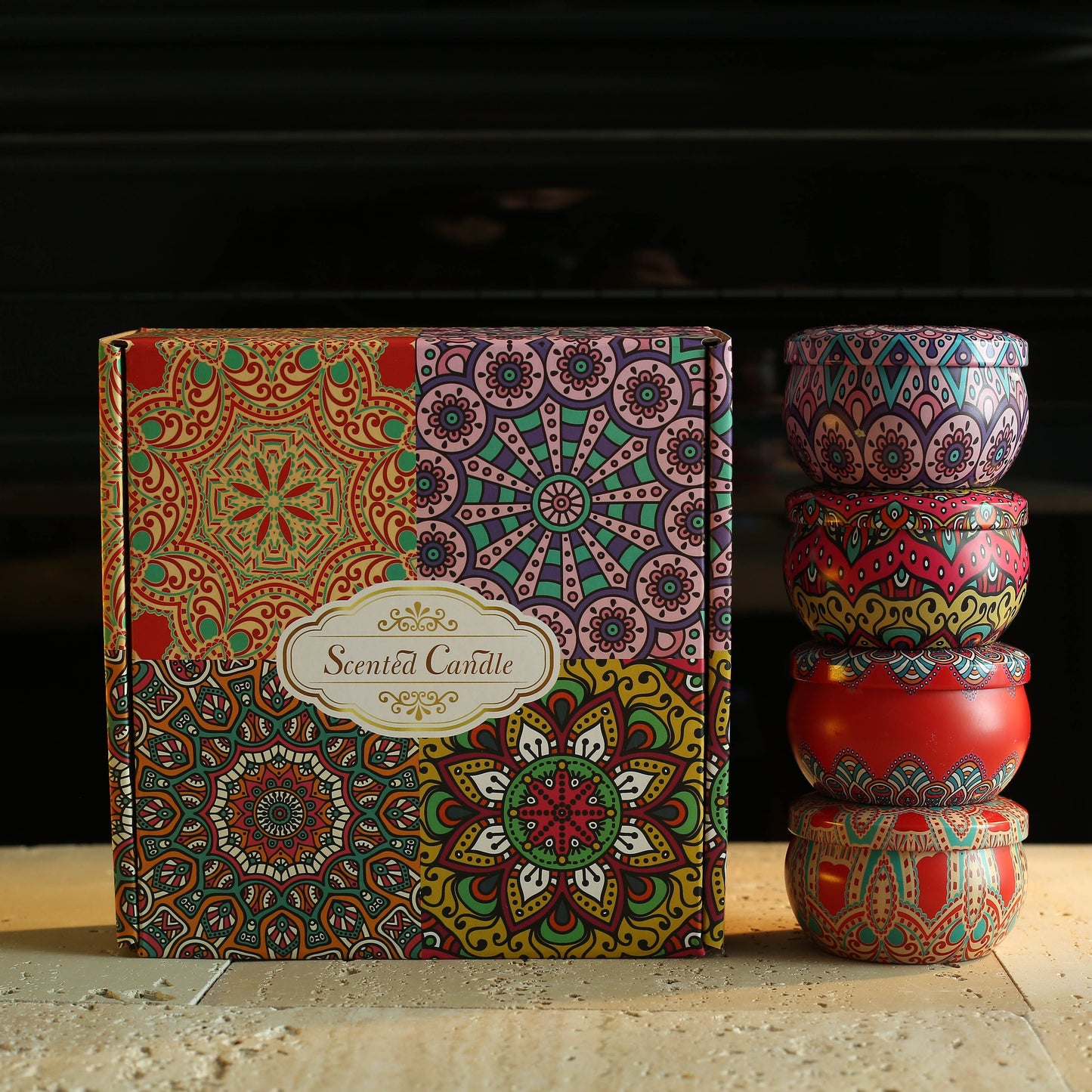 Bohemian Mandala Style Scented Candle Gift Set with Dried Flower Embellishment, Spice Scent, Soy Wax Material for Seasonal Celebrations, Indoor Use, and Holidays.