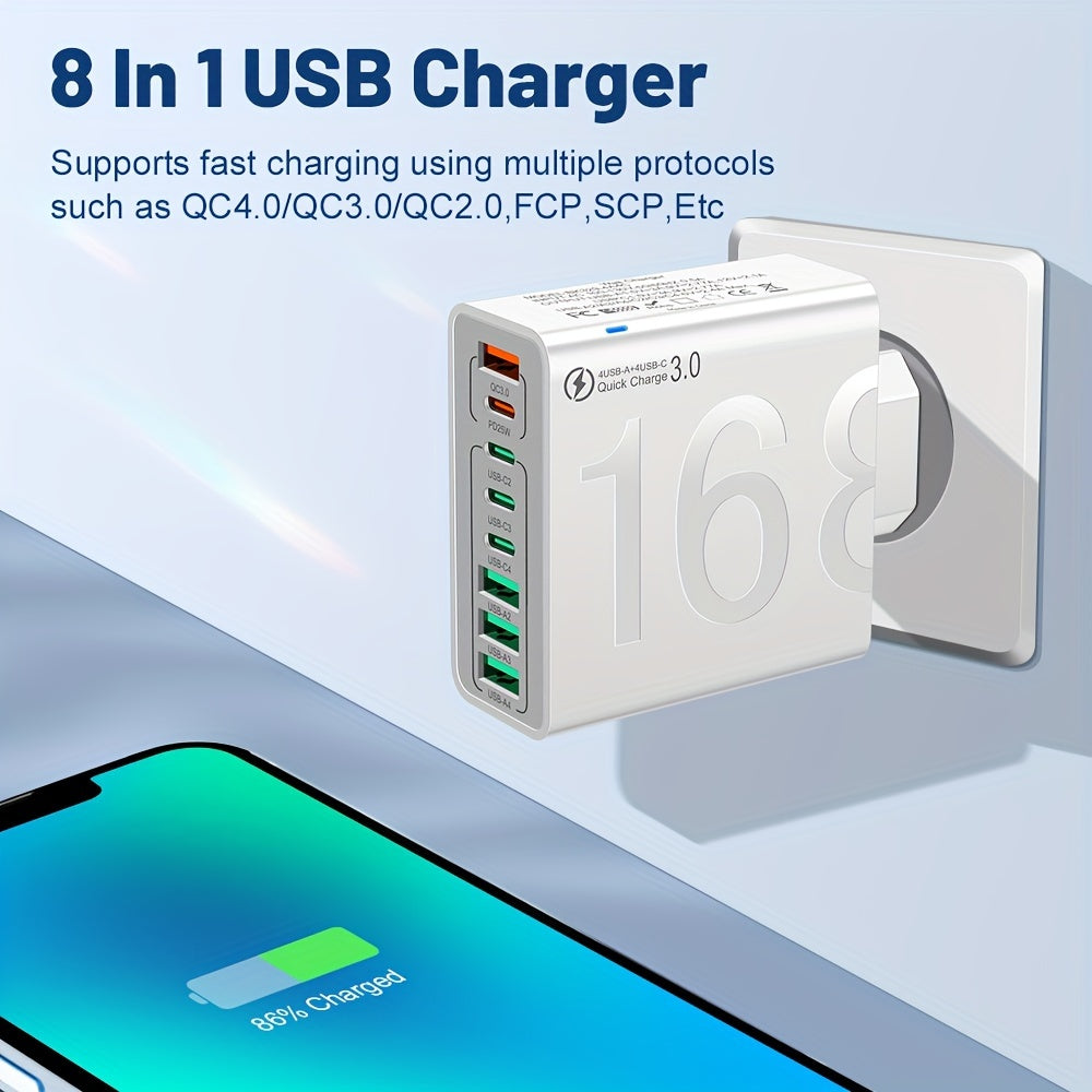 KAXOE 8in1 Fast Charging USB Phone Charger with 4 USB and 4 Type-C ports, QC 3.0 compatible for iPhone and Samsung.