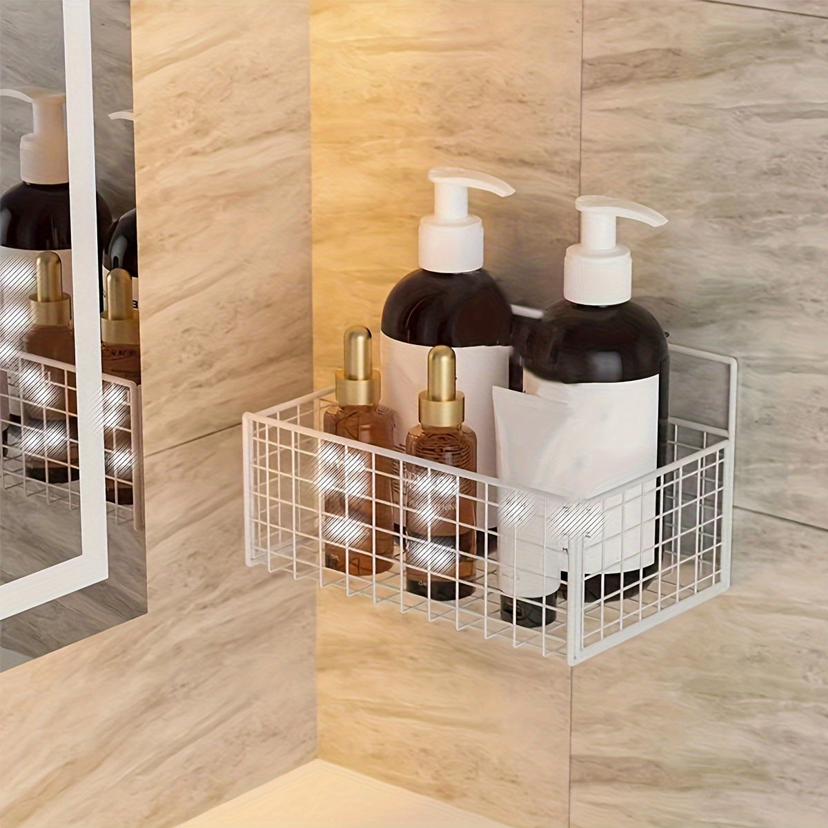 Wall-mounted bathroom storage rack for toiletries and hand washing without the need for punching.