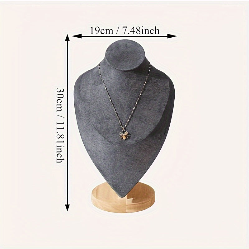 Wooden mannequin jewelry stand for displaying necklaces on dresser or window, ideal for home organization or retail showcasing.