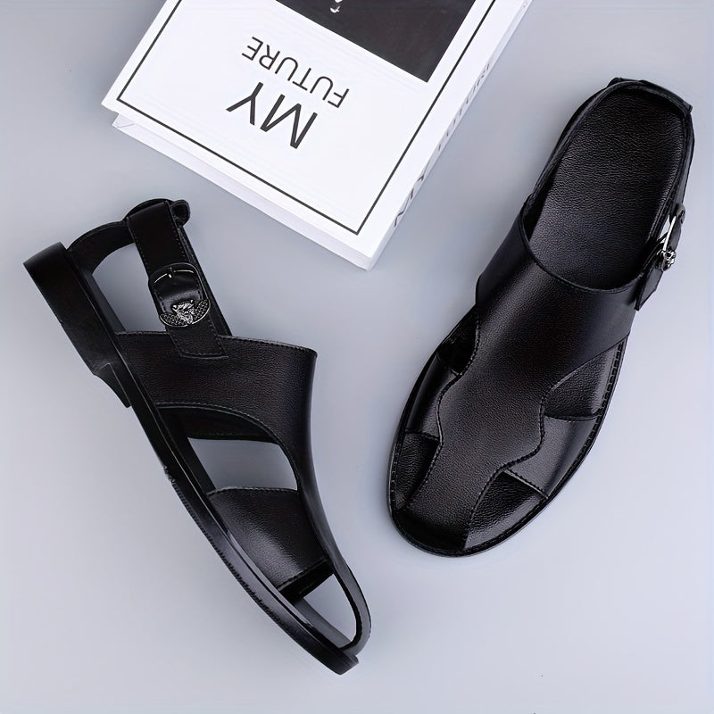 Men's comfy non-slip sandals with split cow leather upper and rubber sole, ideal for summer.