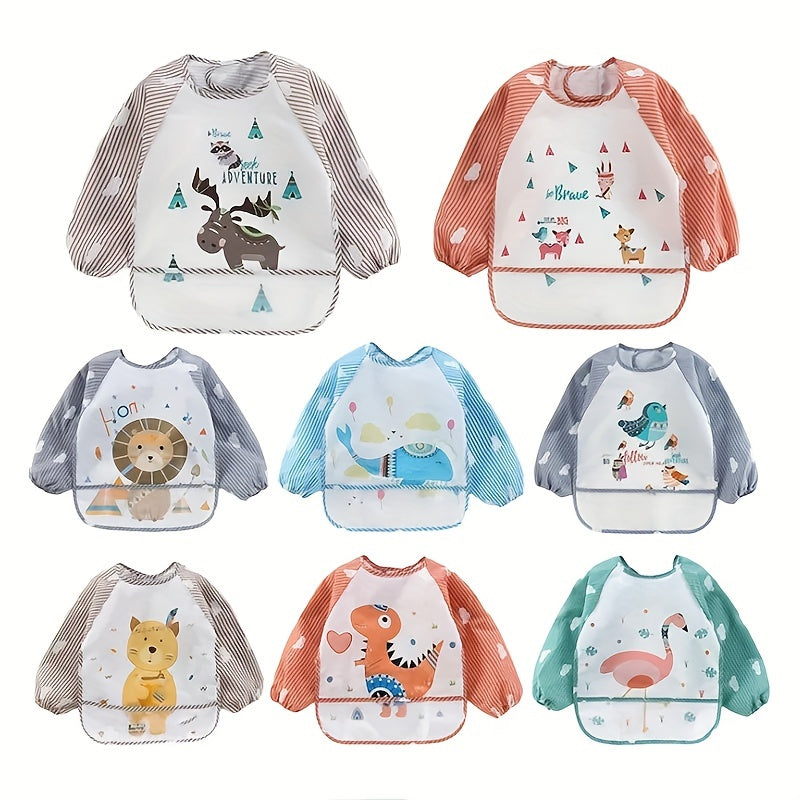 Easily cleanable reverse wear cartoon bib with waterproof long sleeves, suitable for home and travel.