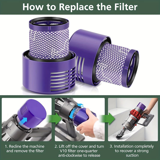 Get two premium filters for your Dyson Cyclone Series with the V10 Replacement Filters. These filters are compatible with V10 Absolute, Animal, Motorhead, and Total Clean models. They are easy to install and provide enhanced filtration. Part number