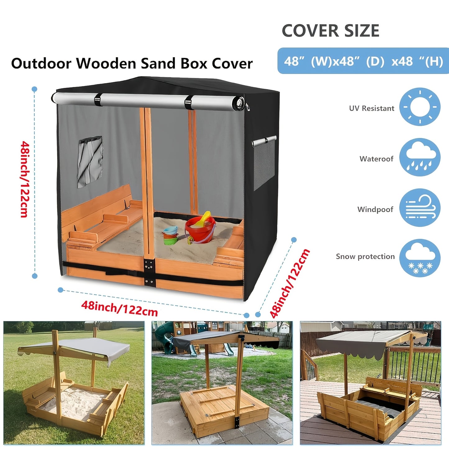 UV-resistant waterproof wooden sandbox cover with canopy and foldable chair, suitable for kids, without frame.