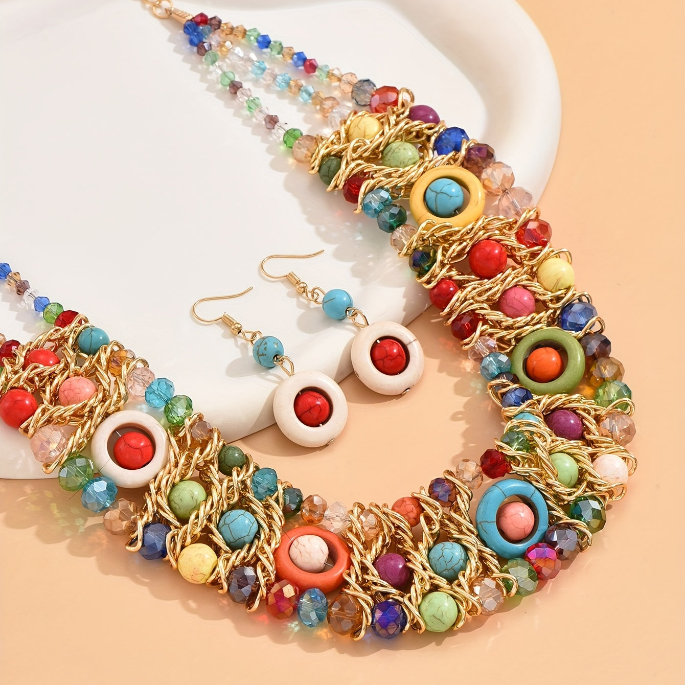 Stylish Boho Women's Jewelry Set - Vibrant Beaded Necklace & Earrings, Ideal for Casual Wear & Gifts, Bohemian Festival Style, Perfect for Gifting