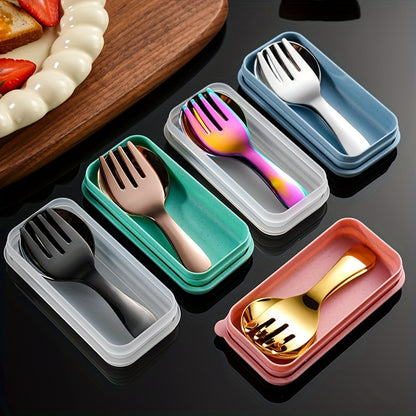 New set of 3 stainless steel forks and spoons with box, ideal for parties and travel. Includes round-headed spoons and forks that are multi-functional for ice cream, cake, and fruit.